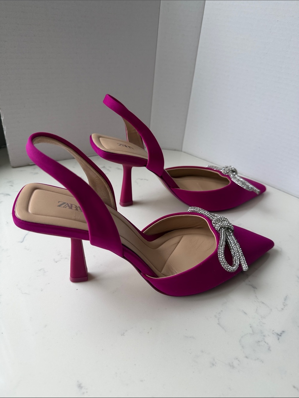 Zara Fuchsia Slingback Pointed Toe Heels with Crystal Bow size 11 - Picture 3 of 11